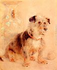 Seated Canvas Paintings - Terrier Seated Before A Canton Famille Rose Vase